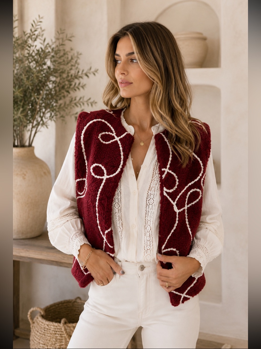 MADE IN ITALY Burgundy and White Patterned Vest